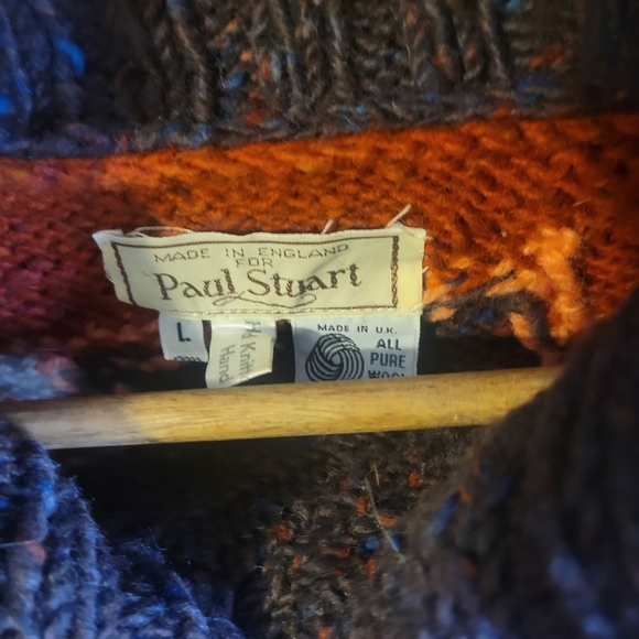 Vintage Paul Stuart Colorful Print Cowl Neck Hand Knit Wool Sweater. Size L - Picture 6 of 7
